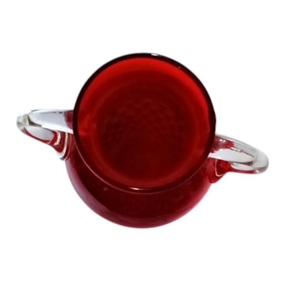 Vintage Lovely Red Art Glass Vase Double Clear Glass Handles 8" Tall - Picture 4 of 4